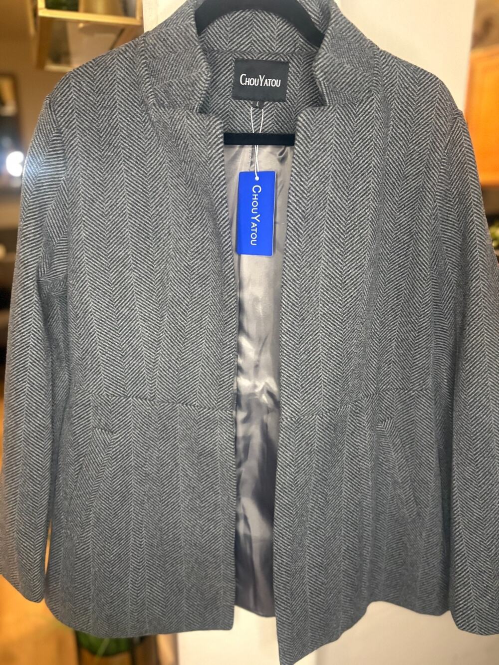 CHOUYATOU women's grey tweed blazer jacket with a herringbone pattern NEW L 8-12